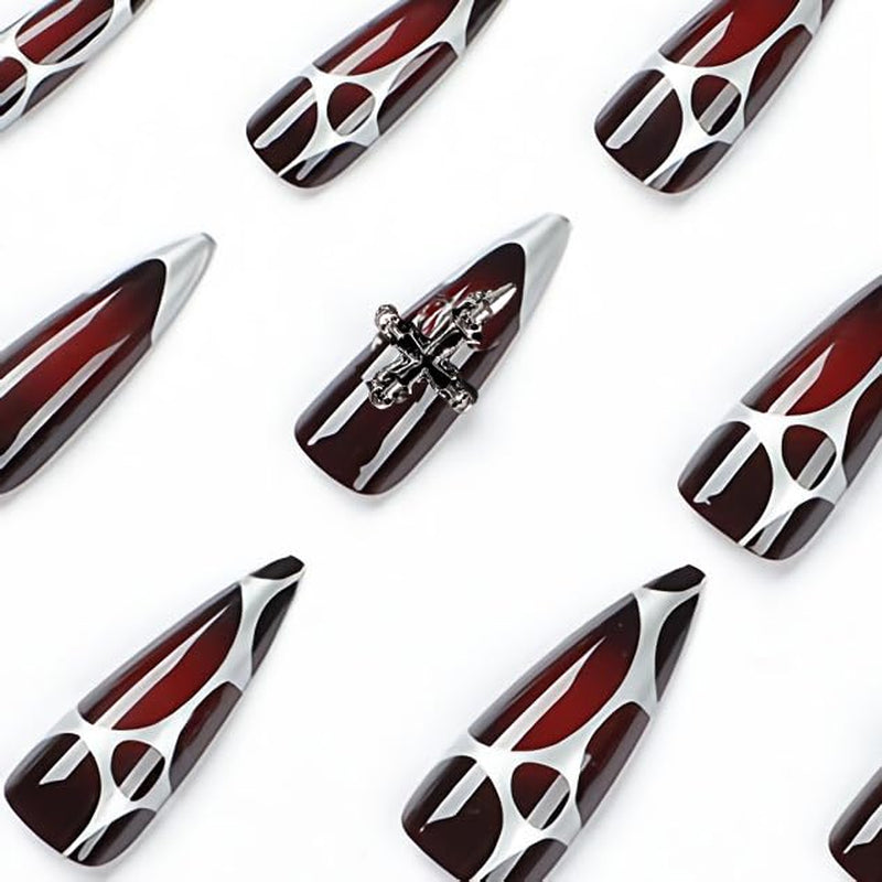 Stiletto Press on Nails Long Fake Nails Black Red Glue on Nails Almond Acrylic Nails with Goth Design Stick on Nails for Women and Girls 24Pcs