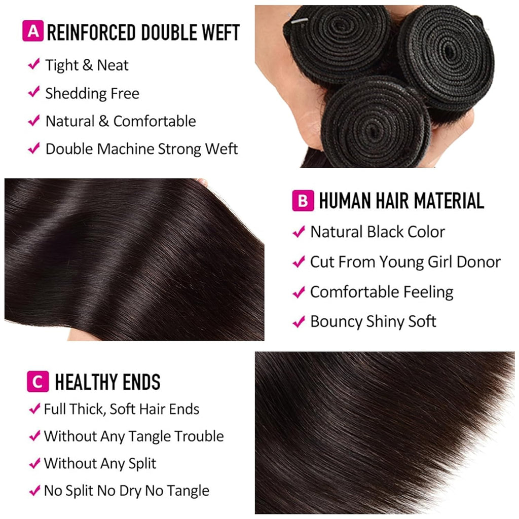 10A Straight Bundles with Closure Human Hair 20 22 24 with 18 Inch Brazilian Human Hair Bundles with Closure 100% Unprocessed Virgin Remy Straight Hair Weave 3 Bundles with 4X4 Lace Closure Free Part