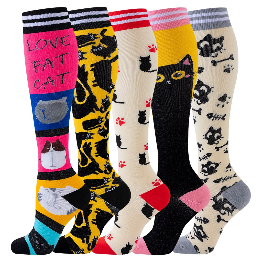 5 Pairs Cat Compression Socks Nurse Compression Socks Sport Knee High Compression Stocking