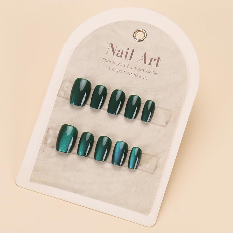 Dark Green Press on Nails Short Square Fake Nails Cat Eye Acrylic Nails Ombre Artificial Glue on Nail Glossy False Nails Xmas Stick on Nail for Women Manicure 30Pcs